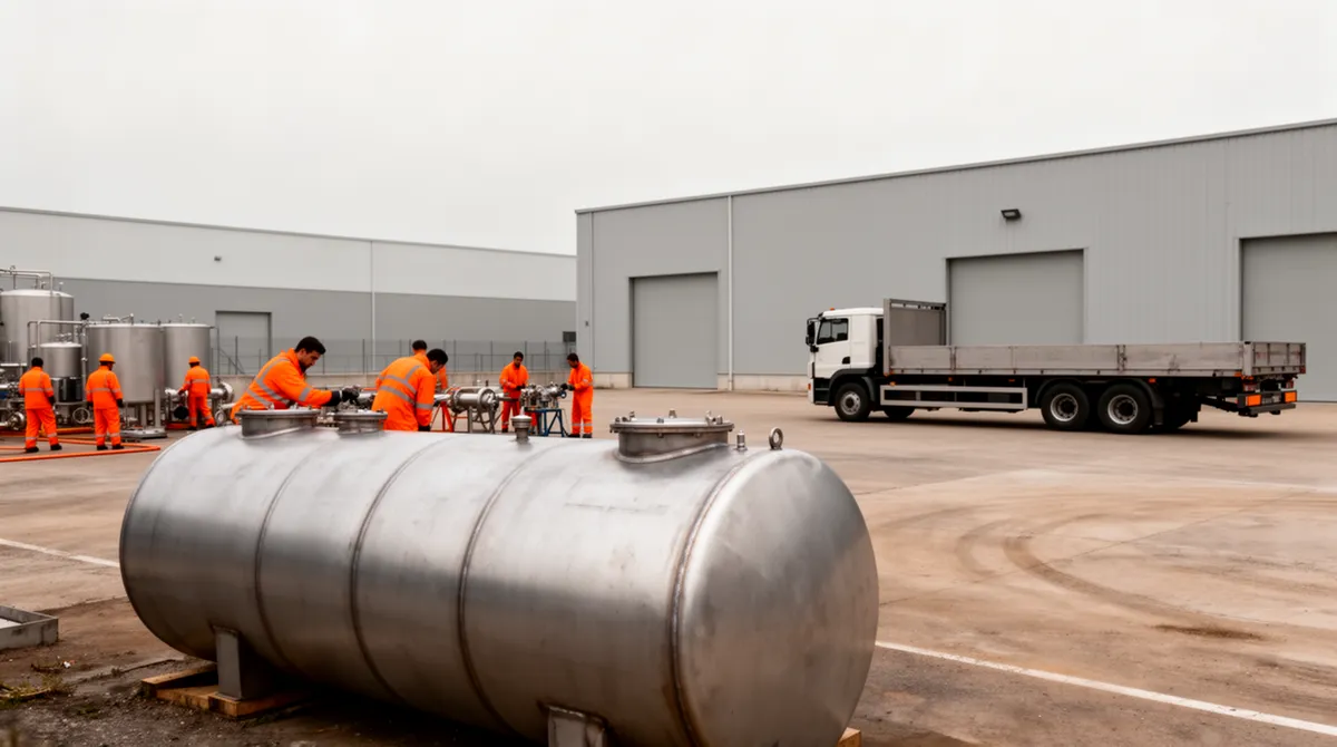 Großer Öltank auf einem Industriegelände mit Arbeitern in orangefarbener Schutzkleidung und einem Lastwagen.