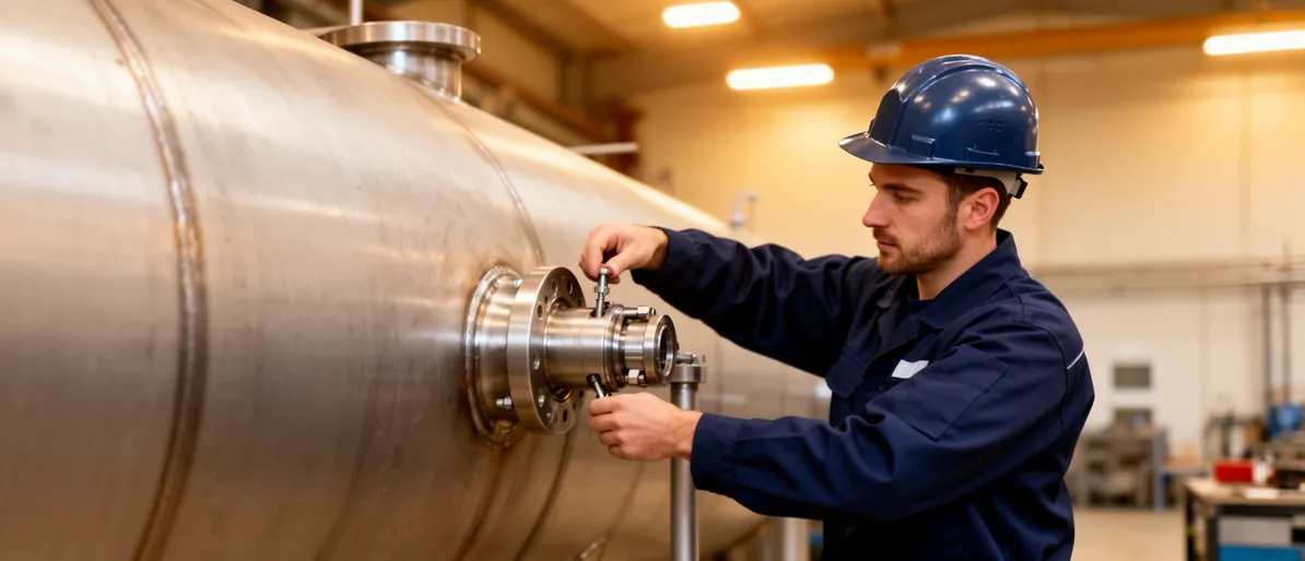 Ein Techniker in dunkelblauem Schutzanzug löst eine Rohrverbindung an einem Stahlöltank in einer Industriehalle.