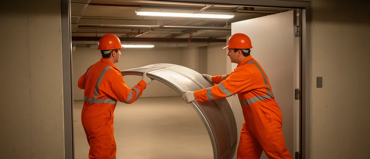 Zwei Arbeiter in orangen Schutzanzügen tragen einen gebogenen Metalltank durch einen Kellereingang.