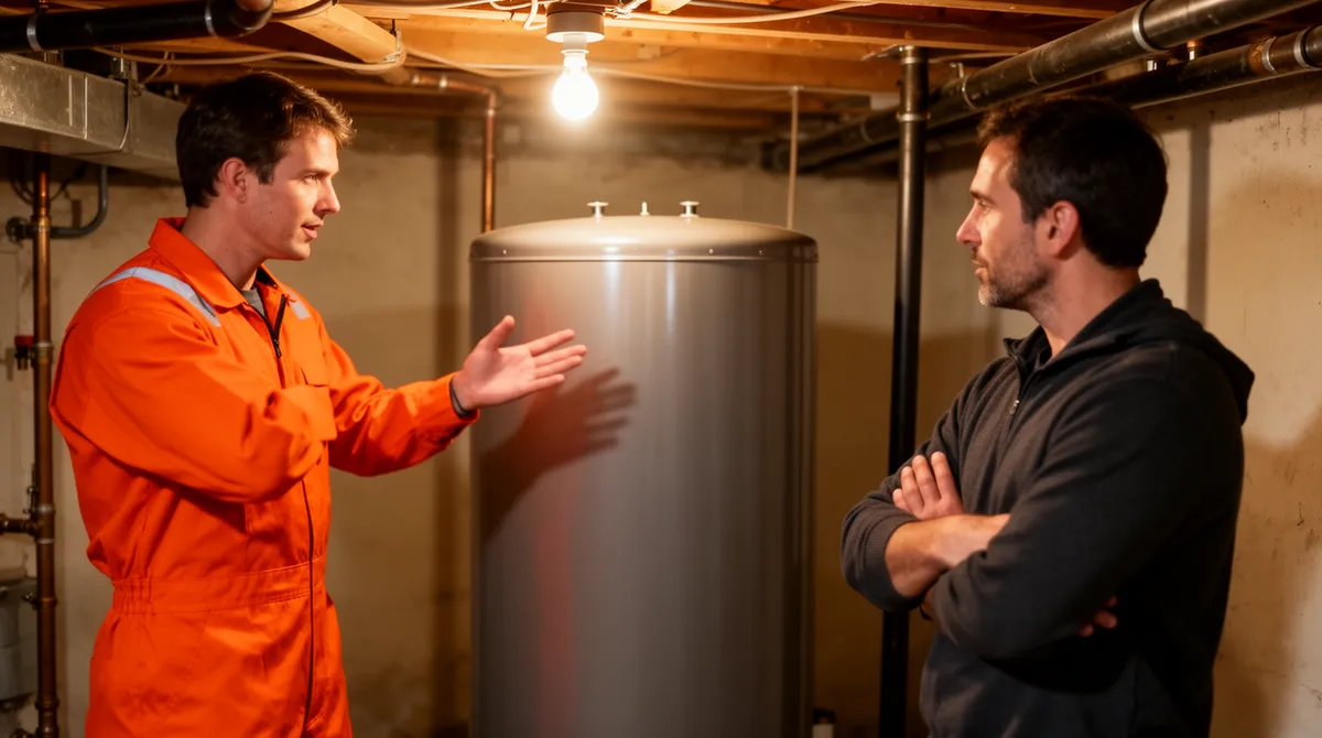 Ein Techniker in orangenem Schutzanzug erklärt einem Hausbesitzer die Entfernung eines zylindrischen Öltanks im Keller.