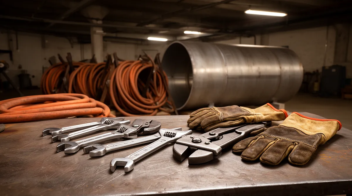 Schwere Industriewerkzeuge und Handschuhe auf einer Stahlwerkbank in einem dunklen Industriekeller.