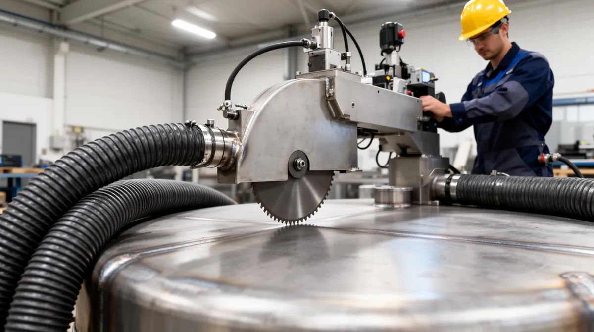 Ein Arbeiter in Schutzkleidung bedient eine Metallschneidemaschine auf einem Stahltank neben aufgerollten Absaugschläuchen.