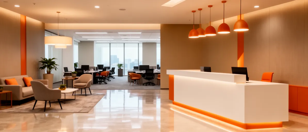 Modernes Bürointerieur mit Empfangstresen, Sitzgruppe und Pendelleuchten in Erdtönen mit orangen Akzenten.