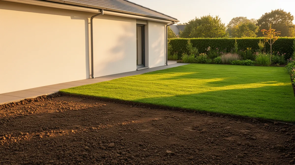 Frisch renoviertes Wohnhaus mit geglätteter Erde, grünem Rasen und ordentlicher Gartengrenze.