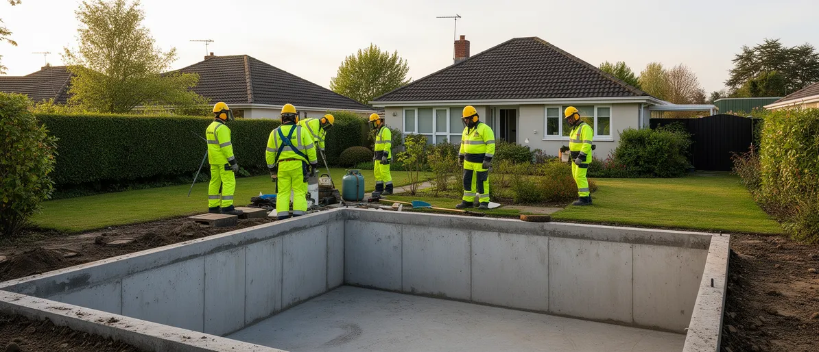 Ein Team in Warnwesten führt Endkontrollen nach der Entfernung eines Öltanks an einem Wohnhaus durch.