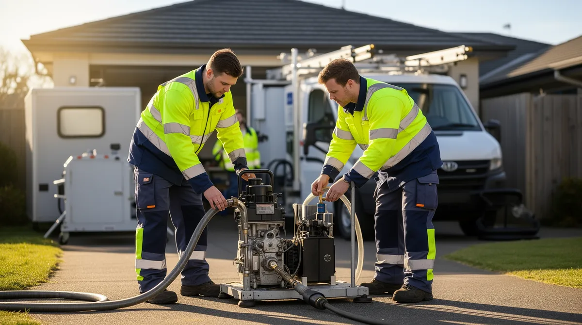 Zwei Techniker in Warnkleidung bedienen eine Pumpe während der Öltankentsorgung auf einer Einfahrt.