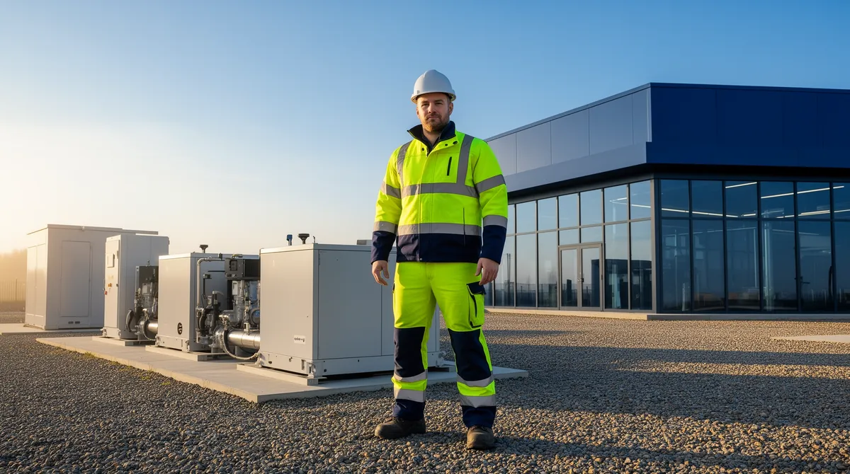 Ein Ingenieur in Sicherheitskleidung steht vor einer sauberen Industrieanlage mit modernen Geräten.