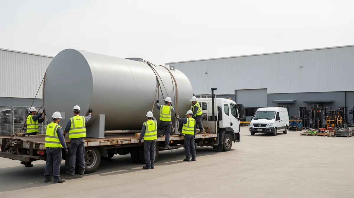 Ein Team in Sicherheitswesten sichert einen großen Lagertank auf einem LKW in einem Industriehof.