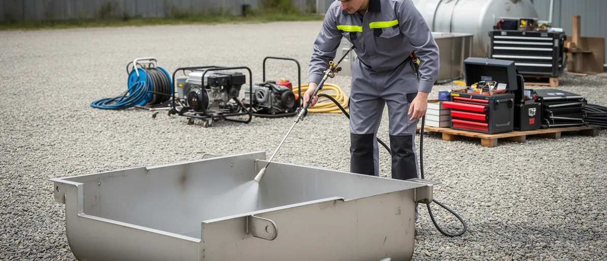 Ein Techniker reinigt mit einem Hochdruckreiniger einen Metalltank auf einem sauberen Kiesgelände.