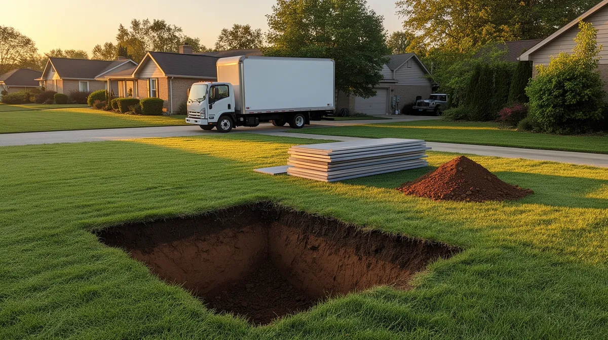 Eine frisch verfüllte Baugrube im Vordergrund, dahinter Stahlplatten und ein unmarkierter Lastwagen im warmen Abendlicht.