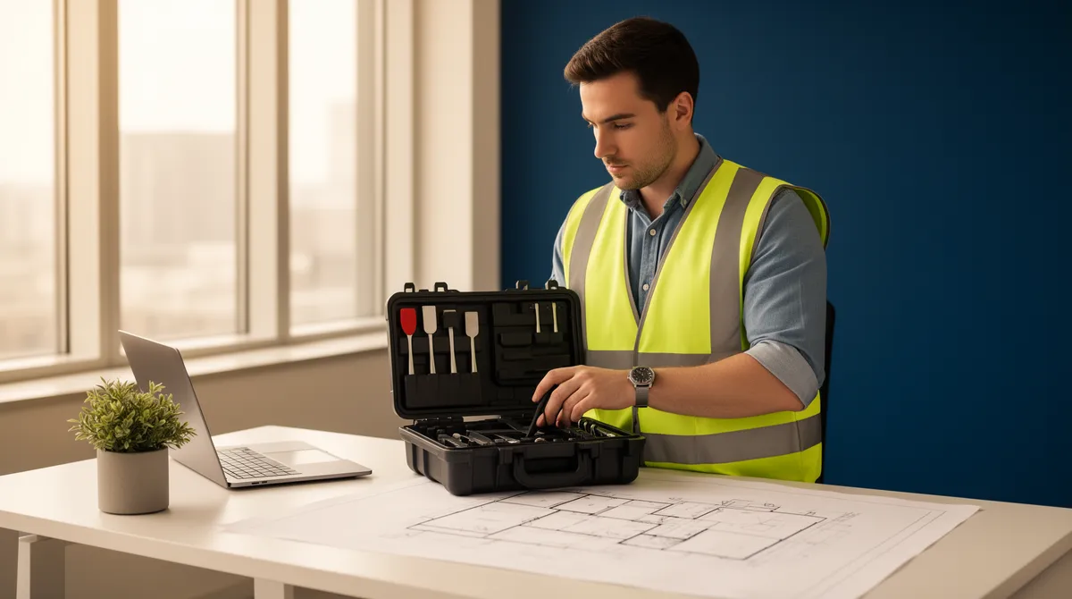 Ein Techniker in Warnweste prüft einen Werkzeugkoffer in einem modernen Büro mit Laptop und Blaupausen.