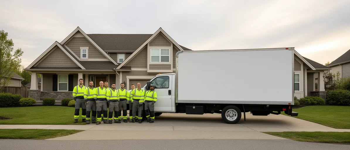 Ein Umweltdienst-Team in Warnkleidung steht mit einem Servicelaster vor einem Wohnhaus.