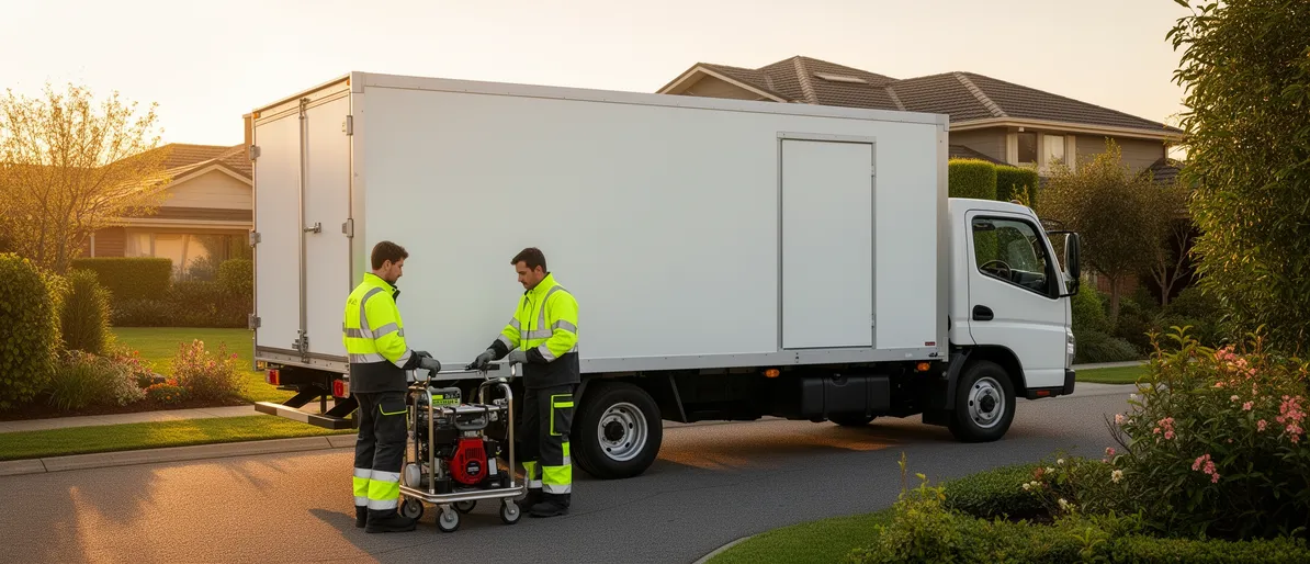 Ein Team in Warnwesten bereitet Geräte vor, während die Abendsonne ein Einfamilienhaus beleuchtet.