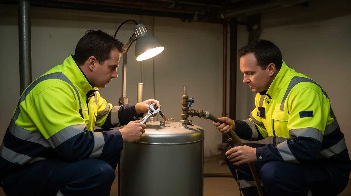 Zwei Techniker in Warnkleidung arbeiten sicher an einem Öltank in einem Wohnhauskeller.