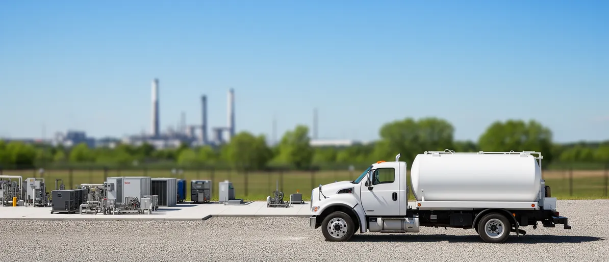 Ein weißer Service-LKW mit Tank-Anhänger auf einer sauberen Baustelle vor industrieller Kulisse.