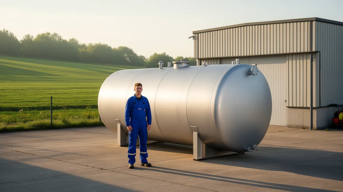 Ein Arbeiter in blauen Overalls steht neben einem großen silbernen Industrietank in einem gepflegten Wartungshof.
