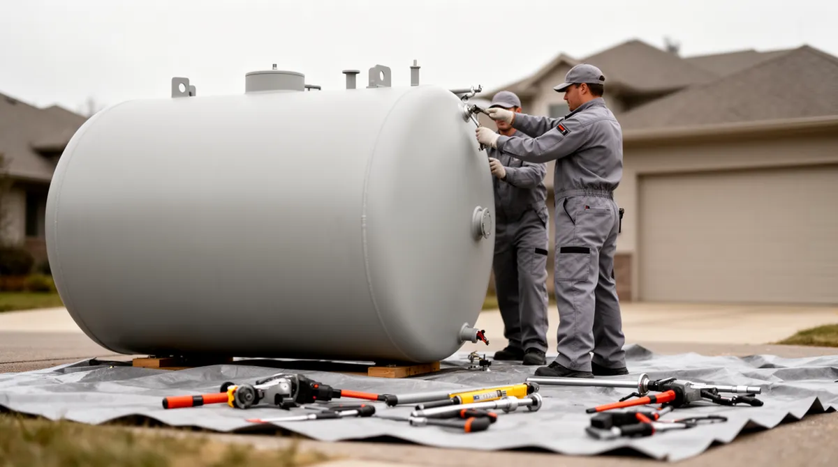 Techniker in grauer Arbeitskleidung demontieren einen großen zylindrischen Tank auf einer Einfahrt.