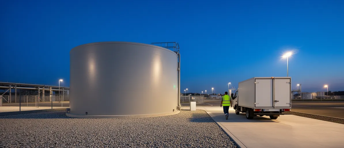 Ein Techniker in Warnweste geht bei Dämmerung von einem großen Treibstofftank weg.