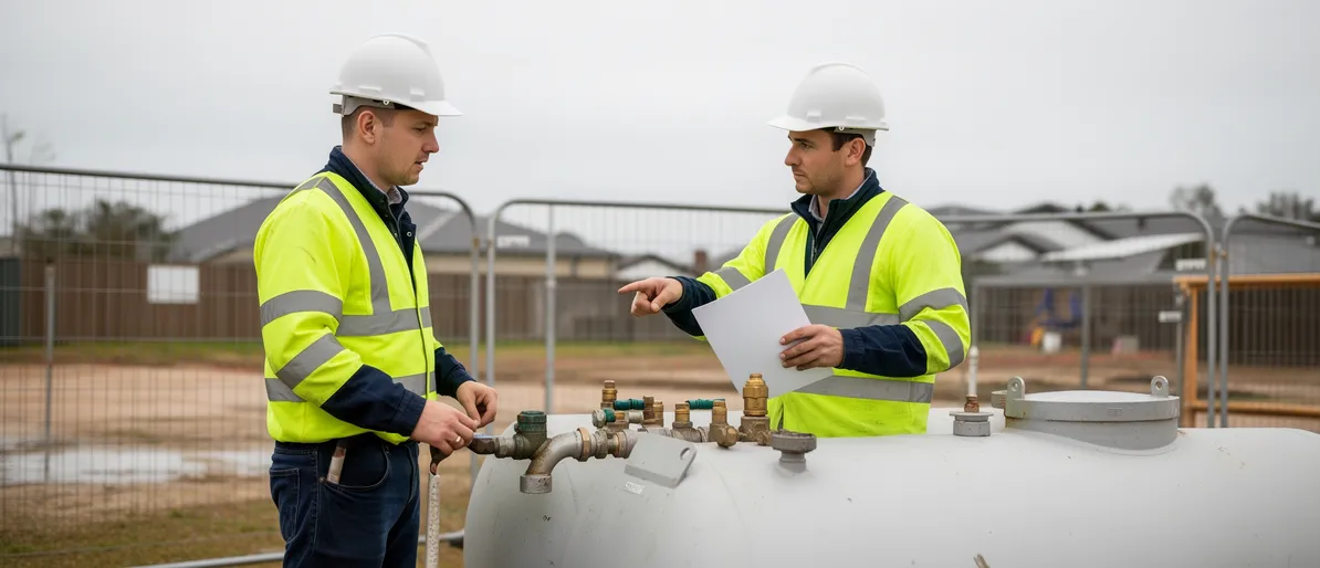 Zwei Umwelttechniker in Warnwesten und Helmen koordinieren die Entfernung eines Öltanks auf einer Baustelle.