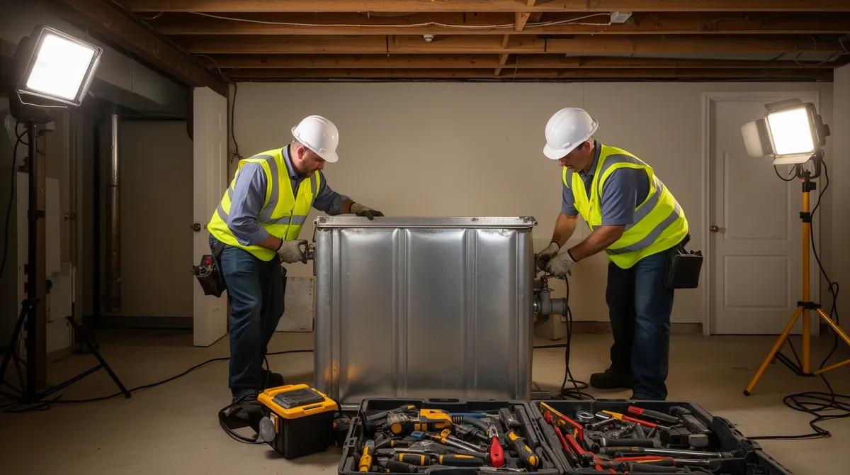 Zwei Techniker in Warnwesten bereiten einen großen Metalltank in einem Wohnhauskeller für den Abtransport vor.