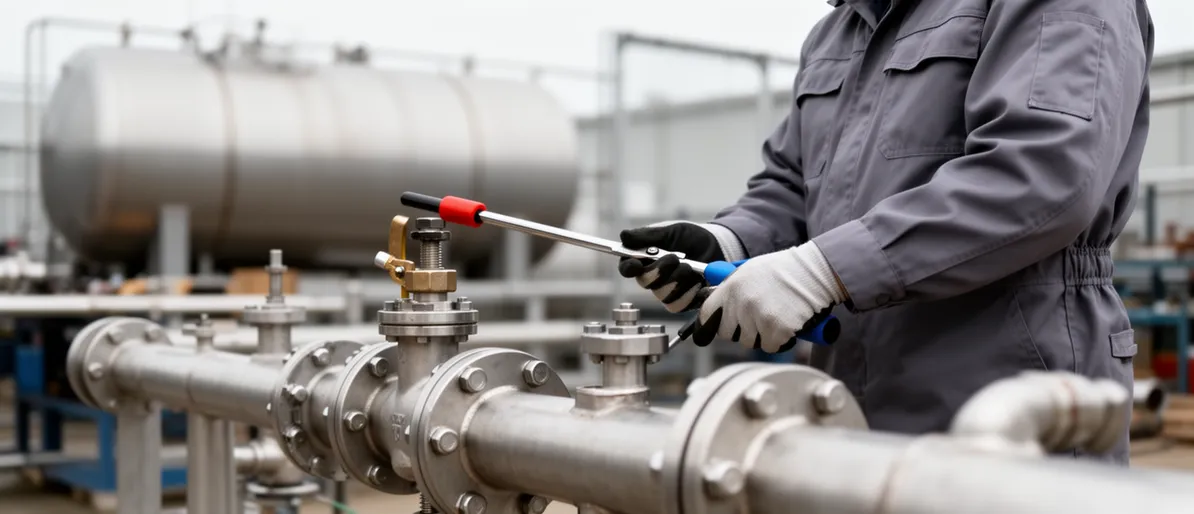 Ein Techniker in sauberer Arbeitskleidung arbeitet präzise an industriellen Rohrleitungen und Ventilen in einer Werkstatt.
