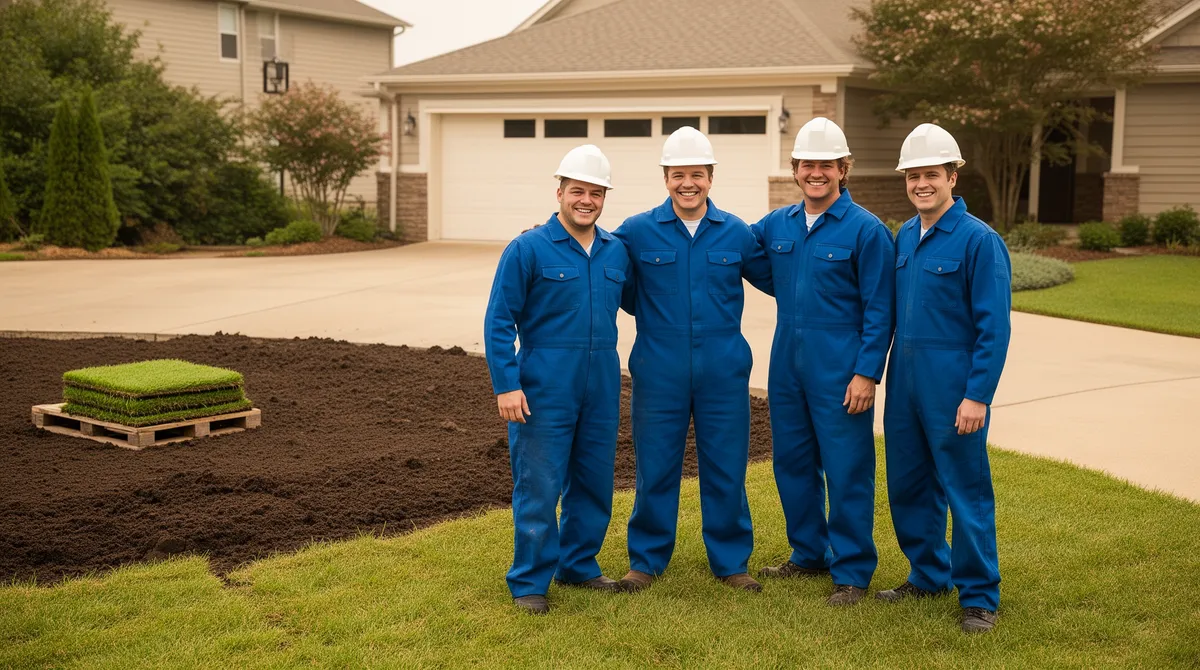 Ein Team von Technikern in blauen Overalls und Helmen steht lächelnd vor einer frisch verfüllten Baustelle.
