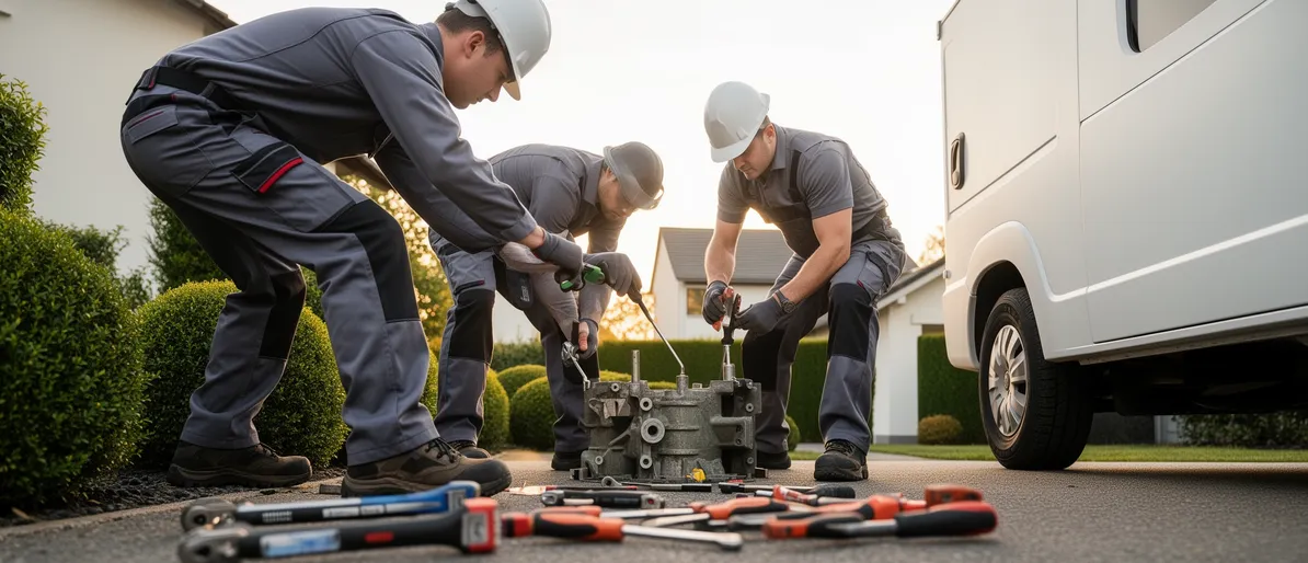 Zwei Techniker demontieren einen Tank auf einem gepflegten Wohnareal bei Nachmittagslicht.
