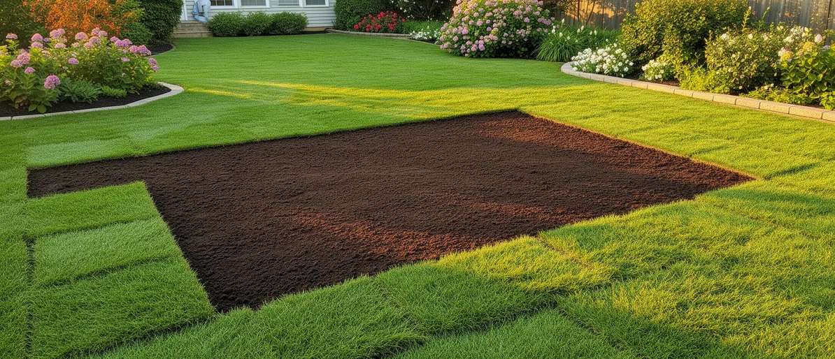 Ein frisch bearbeiteter Flecken Erde mit neuem Rasen in einem gepflegten Garten, umgeben von blühenden Sträuchern.