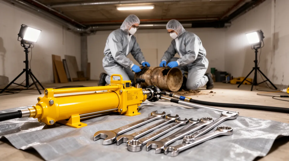 Zwei Techniker in Schutzanzügen entfernen einen Öltank in einem sauberen Wohnhauskeller.