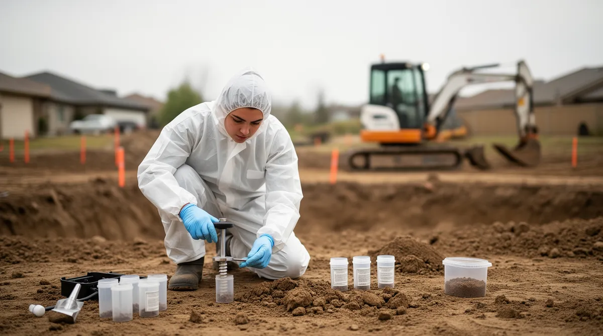 Ein Umwelttechniker in Schutzanzug untersucht Bodenproben mit einem Kernbohrer an einer Baustelle.