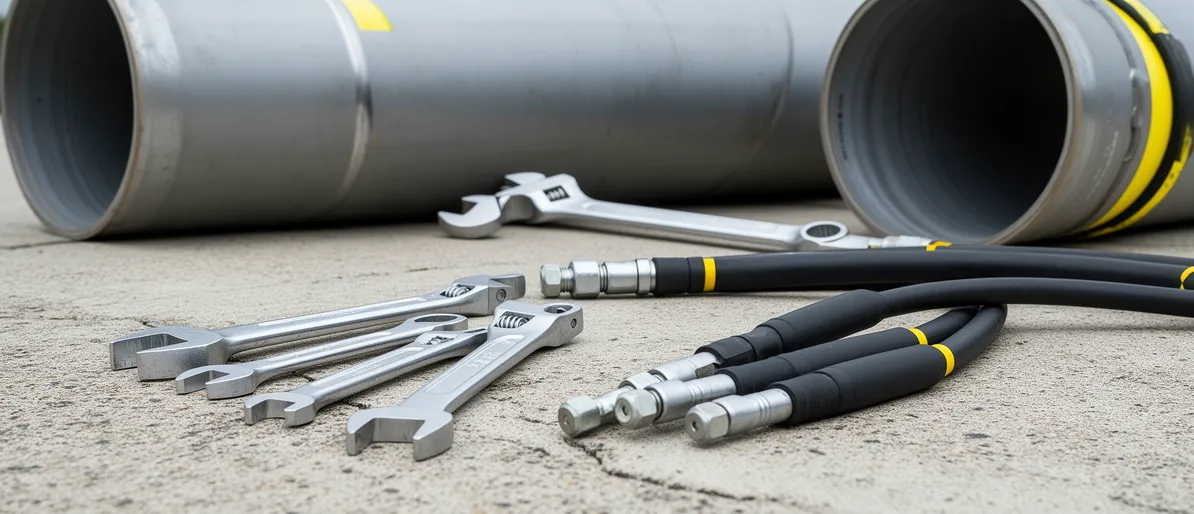Stahlschneidwerkzeuge und Hydraulikschläuche liegen auf einer Betonfläche neben einem Rohr und einem Schraubenschlüssel.