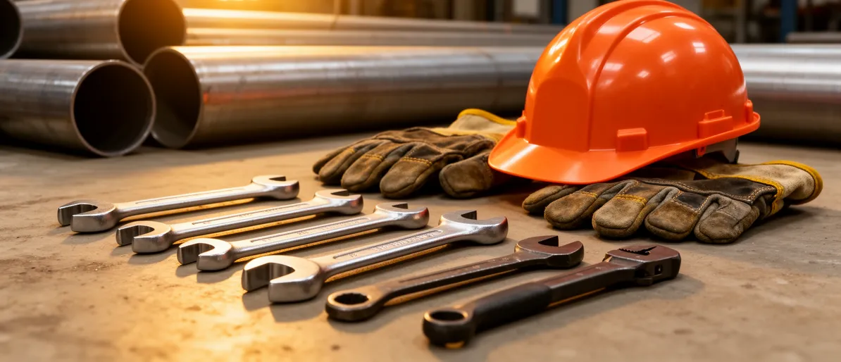 Schwere Schraubenschlüssel und Schneidewerkzeuge auf Betonboden, Handschuhe, orangefarbener Helm und Metallrohre.