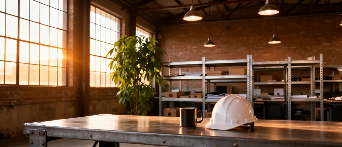 Industrielles Büro mit Metalltisch, Schutzhelm, Kaffeetasse, Regalen, Pflanze und Backsteinwand.