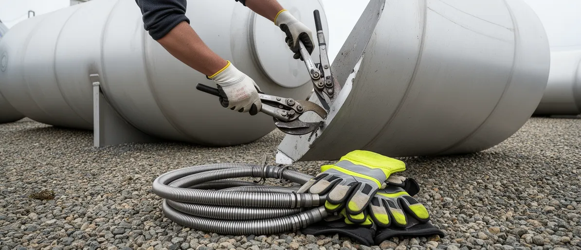 Zwei Arbeiter mit Spezialwerkzeug trennen einen großen Metalltank auf einer Baustelle.