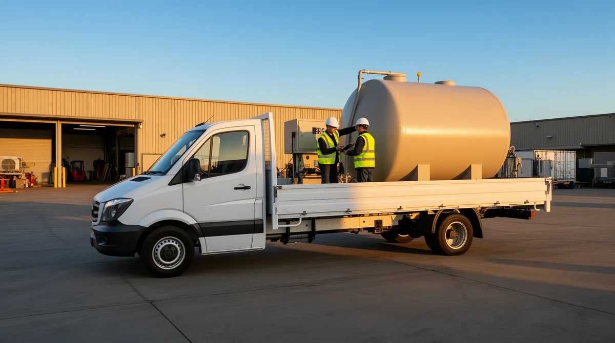 Zwei Techniker in Warnwesten überprüfen einen großen Lagertank auf einem weißen Lkw in einem sauberen Industriehof.