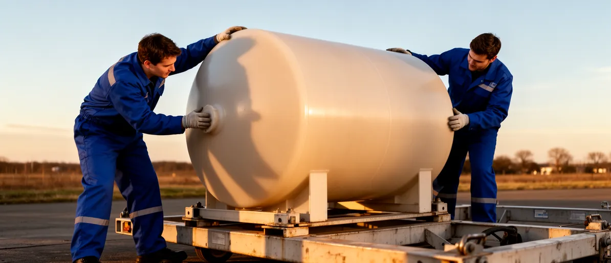 Zwei Techniker in blauer Arbeitskleidung setzen einen großen zylindrischen Tank auf einen Transportständer.