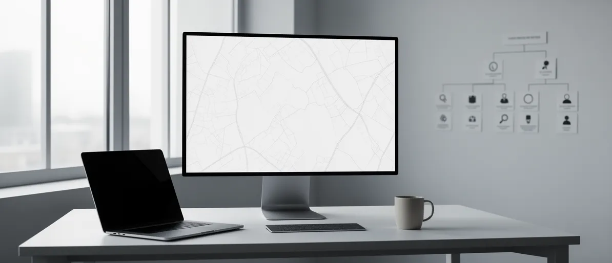 Ein Projektmanager prüft einen digitalen Lageplan auf einem großen Monitor in einem minimalistischen Büro.