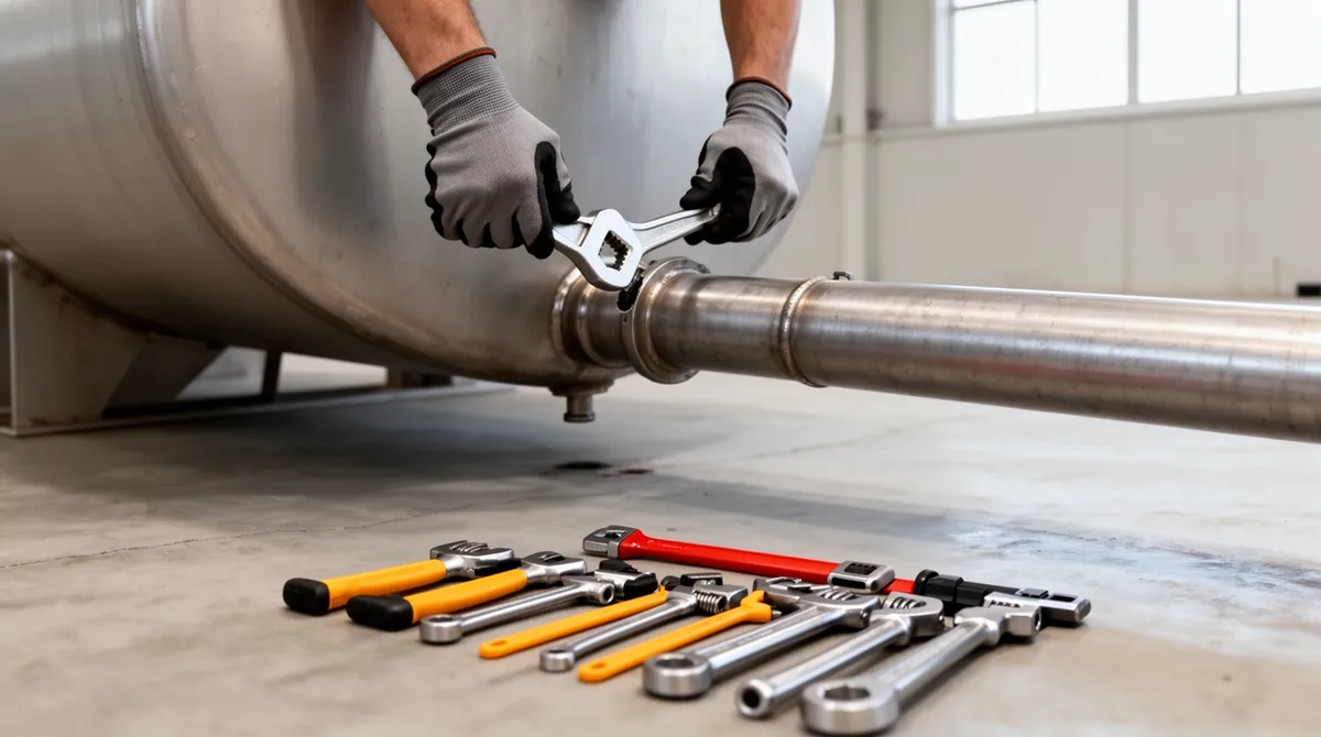 Ein Arbeiter löst mit einem Spezialschlüssel eine große Metallleitung von einem Industrieöltank.