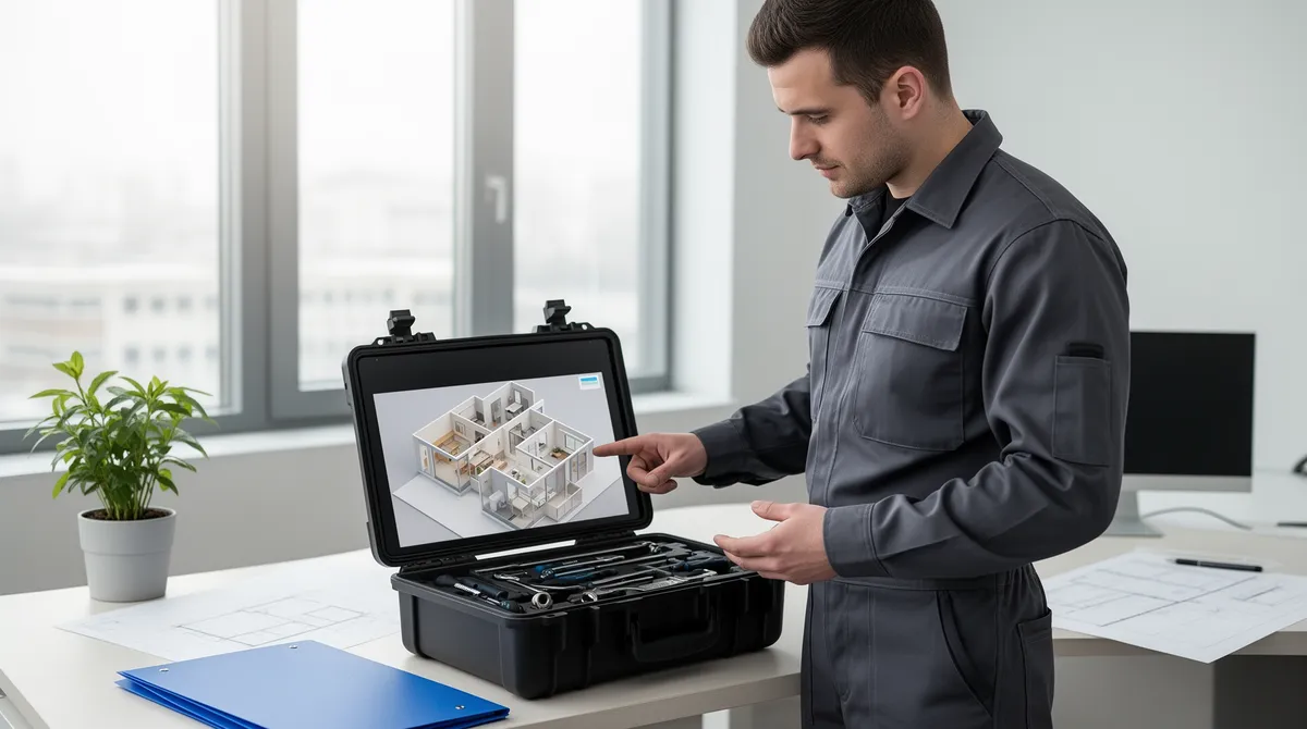 Ein Techniker prüft eine 3D-Grundrissdarstellung eines Hauses auf einem digitalen Werkzeugkoffer in einem modernen Büro.