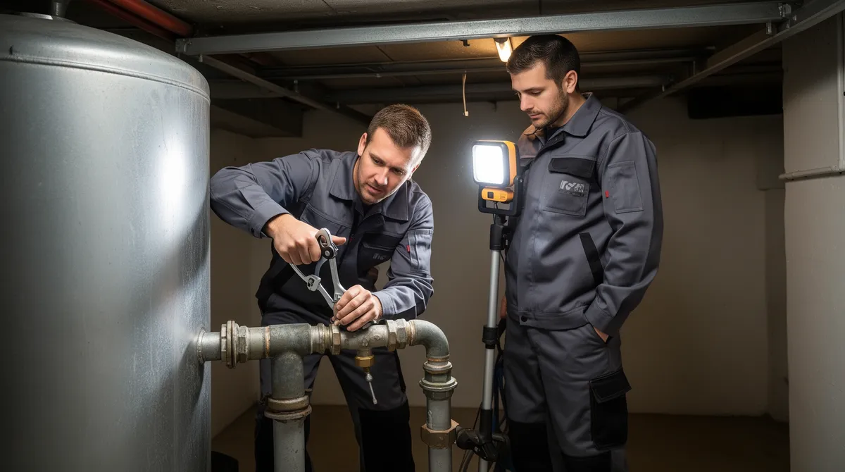 Zwei Techniker demontieren einen großen Metalltank in einem sauberen Wohnhauskeller.