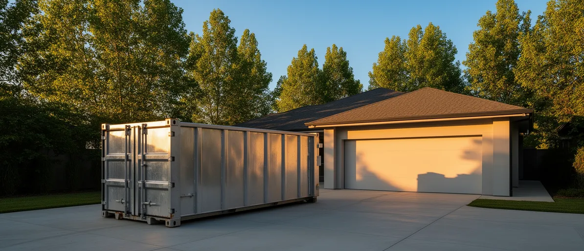 Großer Metallcontainer auf Einfahrt vor modernem Vorstadthaus mit geschlossener Garage, Bäumen und blauem Himmel.