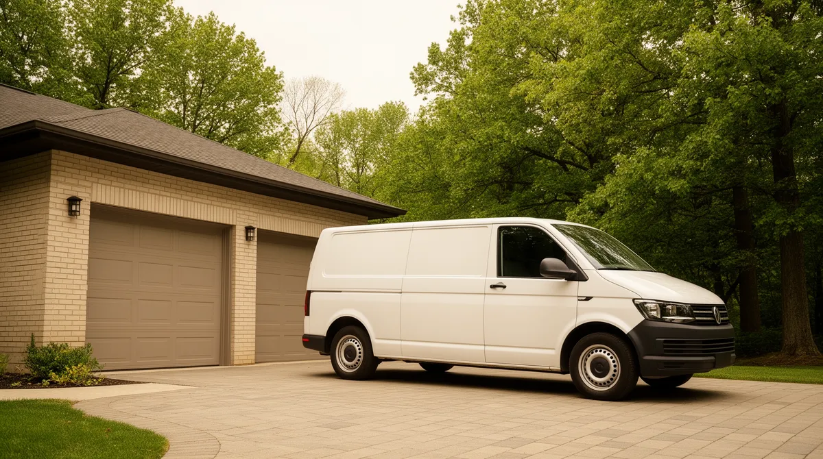 Ein weißer Transporter parkt auf der Einfahrt eines modernen Backsteinhauses mit Bäumen im Hintergrund.