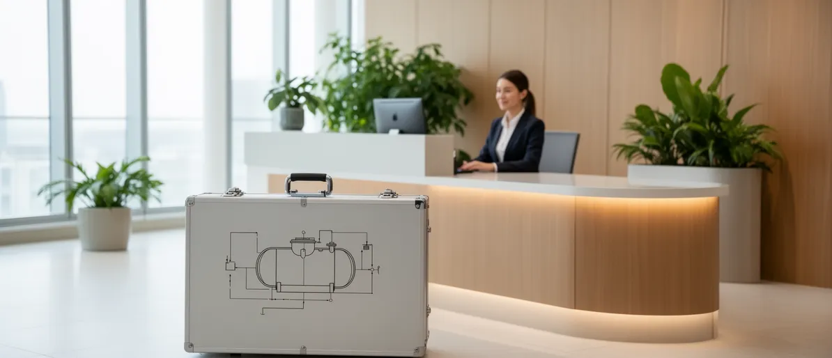 Eine Kundendienstmitarbeiterin sitzt an einem Schreibtisch in einem modernen Empfangsbereich, vor ihr liegt eine