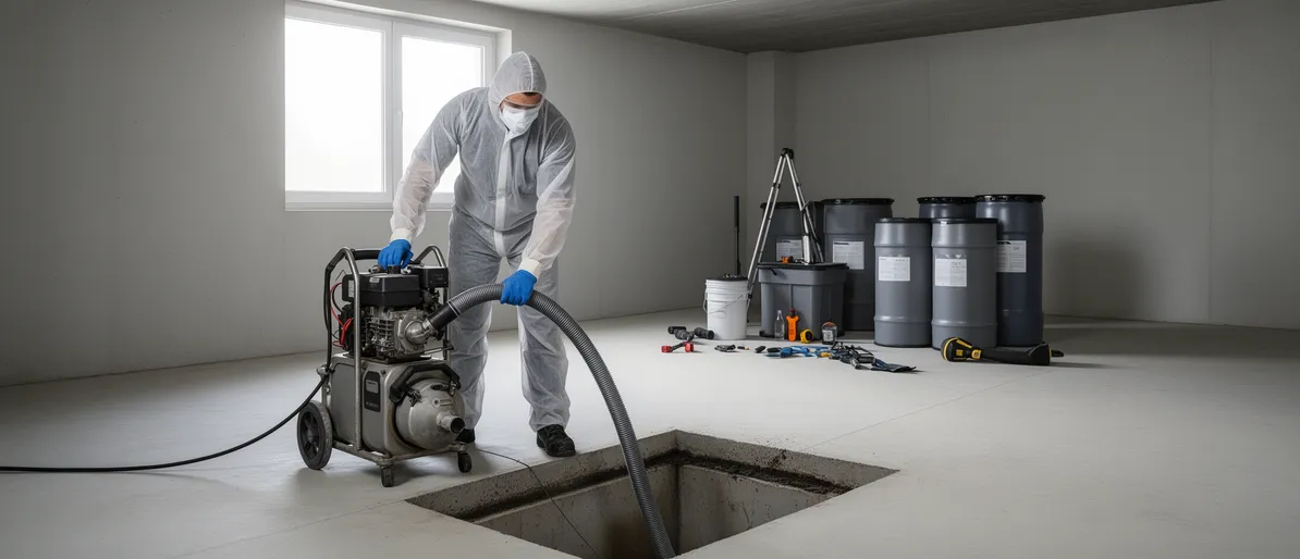 Ein Techniker in sauberer Arbeitskleidung bedient eine Vakuumextraktionsanlage in einem leeren Betonkeller.