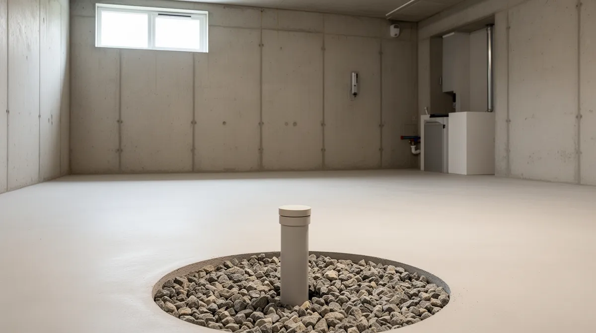 Ein leerer, sauberer Keller mit Betonwänden, natürlichem Licht und einer abgedeckten Bodenleitung.