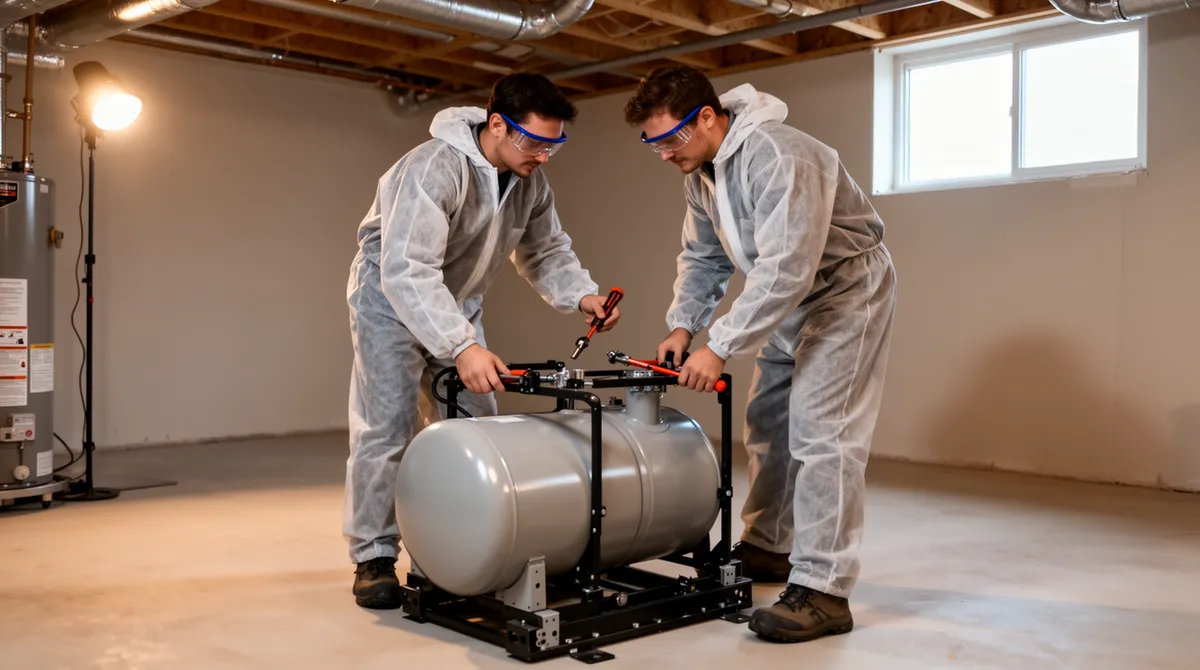 Zwei Techniker entfernen einen alten Heizöltank aus einem sauberen Kellerraum mit Werkzeugen.