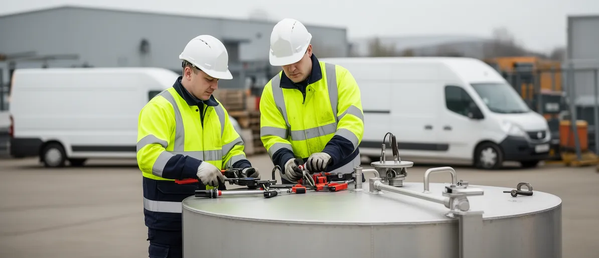 Zwei Arbeiter in Warnkleidung inspizieren einen großen Stahltank in einem Industriehof.