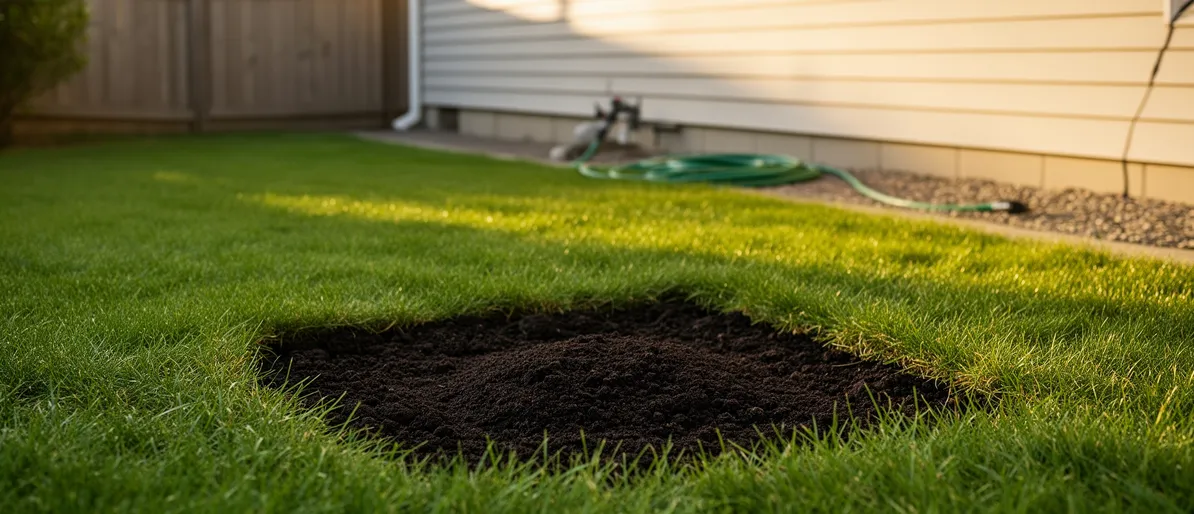 Ein gepflegter Garten mit frischer dunkler Erde, grünem Rasen und einem aufgerollten Gartenschlauch im Hintergrund.