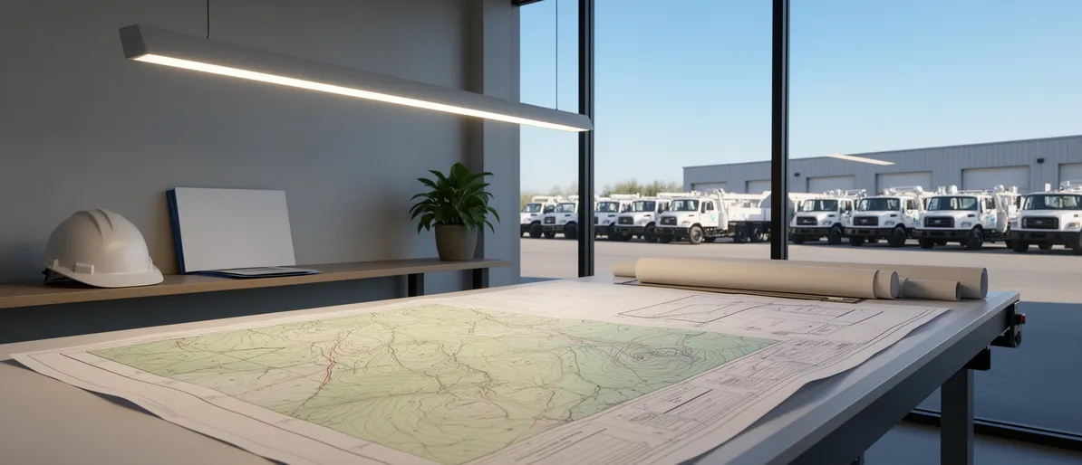 Ein topografischer Plan liegt auf einem Zeichentisch, dahinter Fenster mit Blick auf Nutzfahrzeuge vor blauem Himmel.