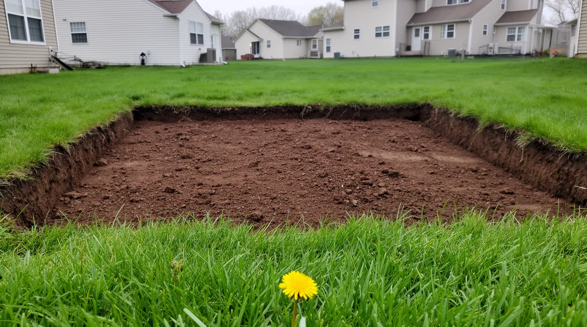 Ein frisch verfülltes Erdloch in einem gepflegten Garten, umgeben von grünem Rasen mit einem Löwenzahn.